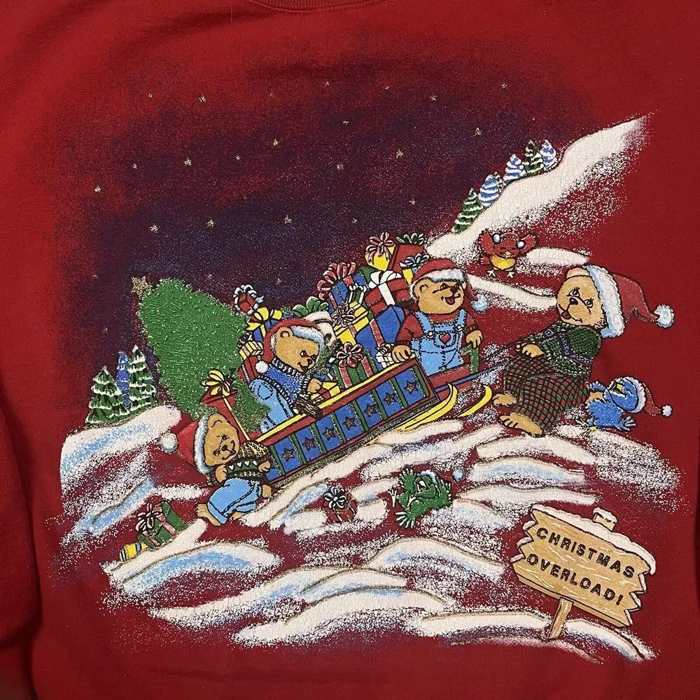 Vintage Christmas Overload Sweater Little Bear‎ Sleigh Gifts Red Sweatshirt 90s